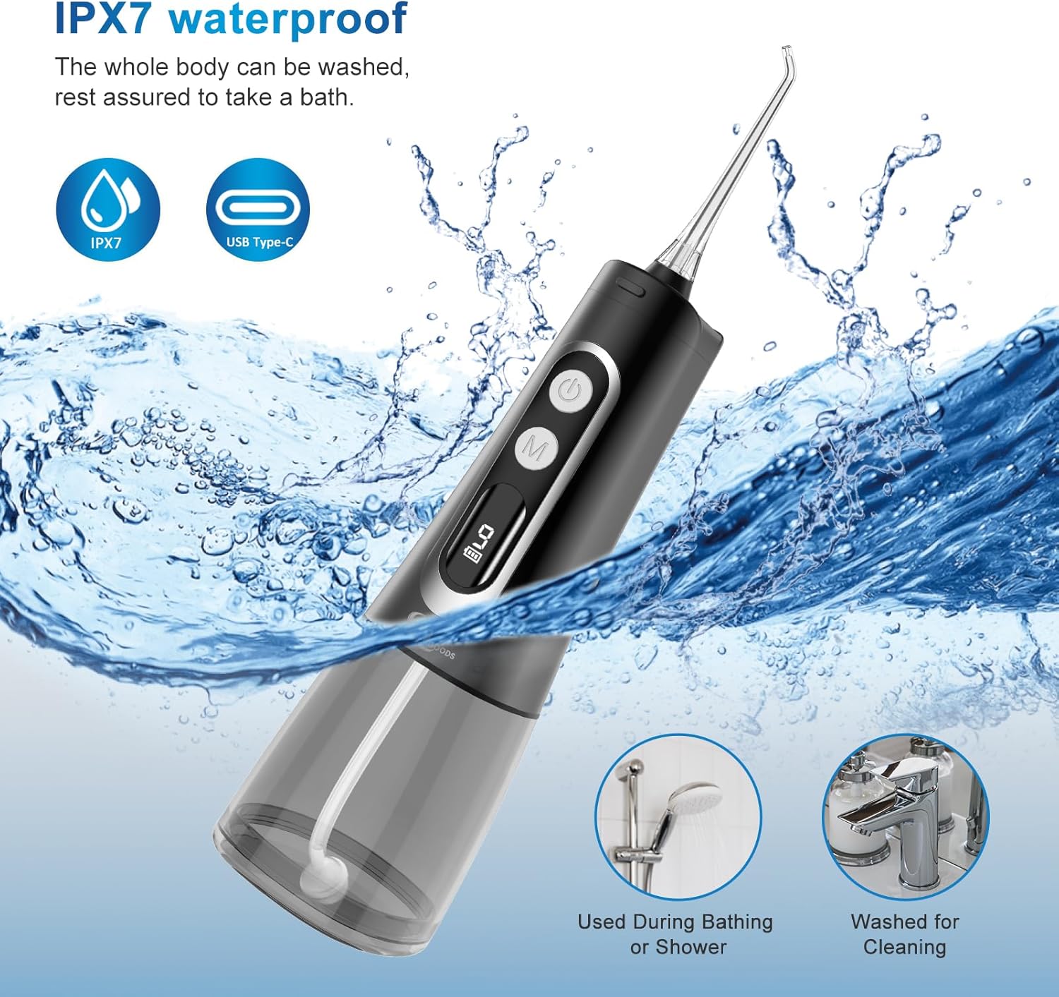 Water Dental Flosser Oral irrigator,JNGOODS 300ml Rechargeable Water flosser for Teeth IPX7 Waterproof 9 Modes Portable Oral Irrigator. LED Display with 4 Jet Tips, Travel Home use (Black)