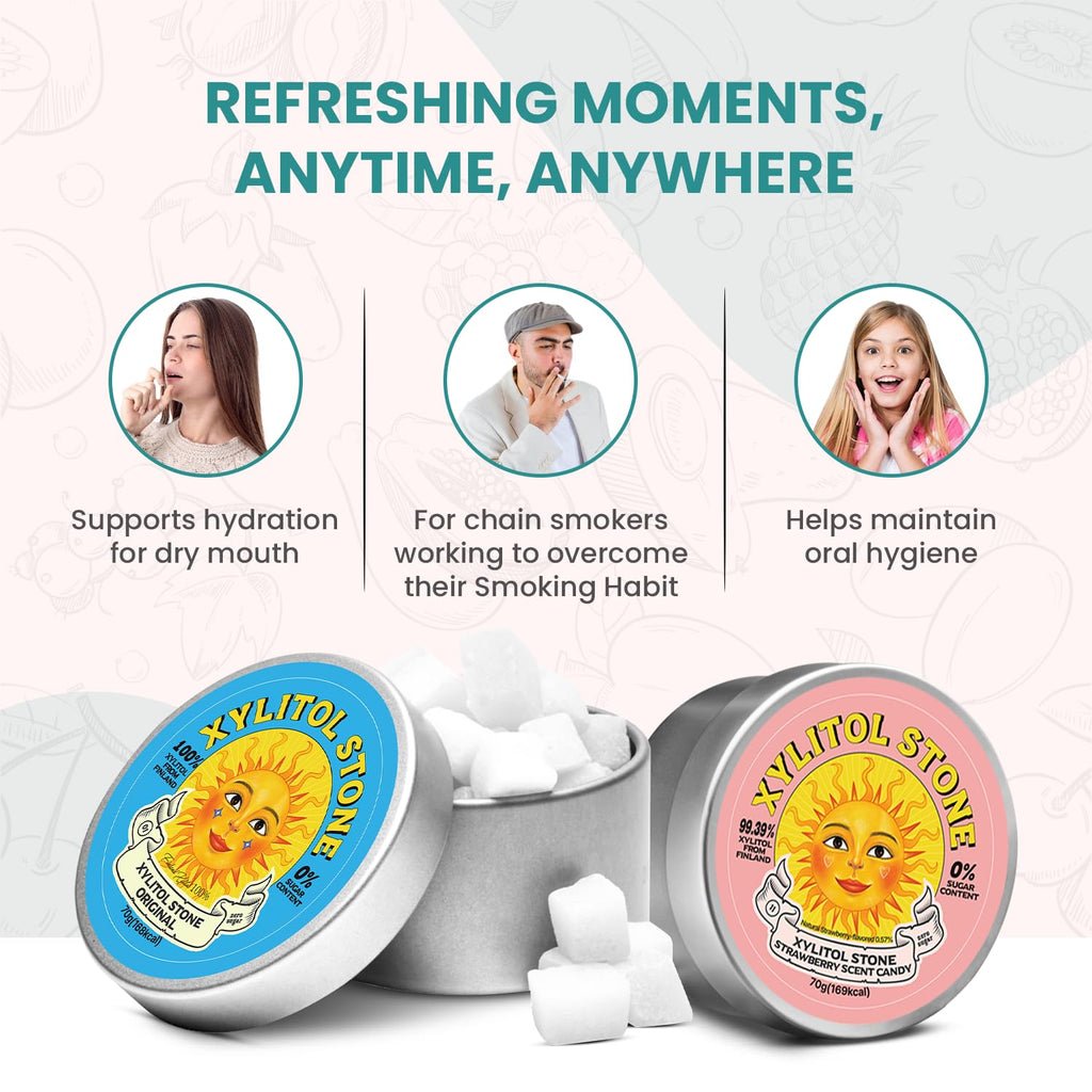 Xylitol Stone Sugar Free Candy - Vegan & Keto Friendly Unique Hard Candy - 100% Natural Flavor Candies - Gluten Free & Non-GMO Breath Freshener Low Calorie Mints - Pack of 2 (Original, Strawberry)