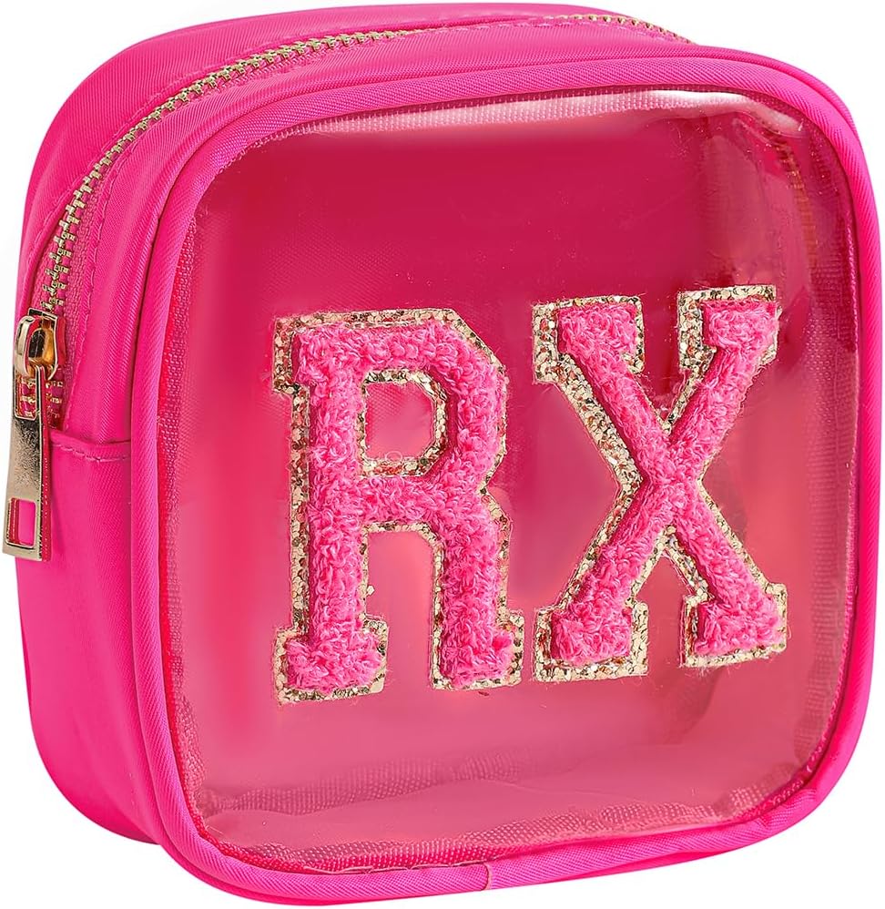 Small Chenille Letter Clear Medicine Makeup Bags,Nylon PVC Waterproof Rx Pouch with Metal Zipper, Cute Drug First Aid Travel Organizer for Women Girls(02Hot Pink)