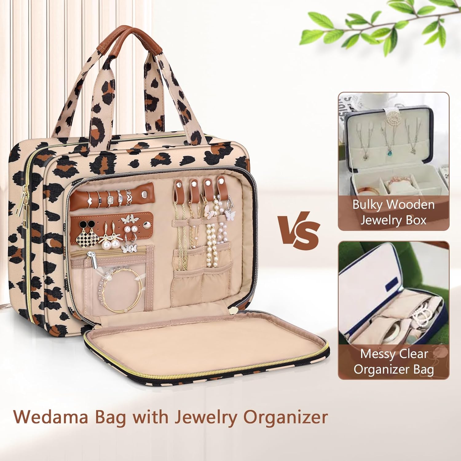 Wedama Toiletry Bag for Women, Hanging Travel Toiletry Bag with Jewelry Organizer Compartment Large Makeup Bag, PVC Waterproof Cosmetic Travel Bag Trips Camping Bathroom, Leopard Print
