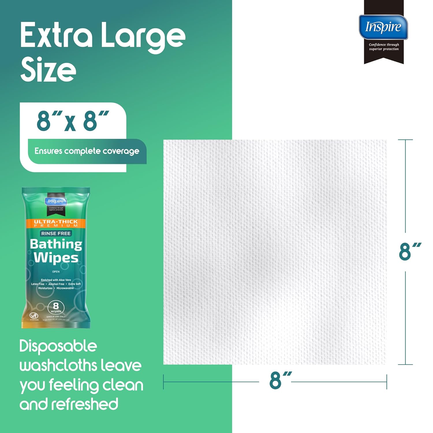 Inspire Ultra Thick Rinse-Free Bath Towels | Shower Towels - Flush-Free Wet Wipes with Aloe | Thick Strong Extra Large Towel for Adults | Body Wipes for Adults Bathing No Rinse