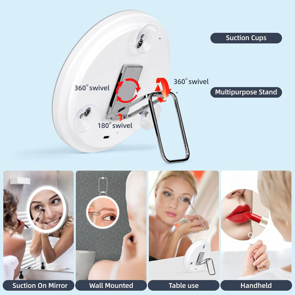 20X Magnifying Mirror with Light, Rechargeable 3 Colors Dimming Lighted Magnifying Mirror with 3 Suction Cups and 360° Stand, 6" Large Travel Tabletop Magnified Makeup Mirror with Tweezers & Scissors