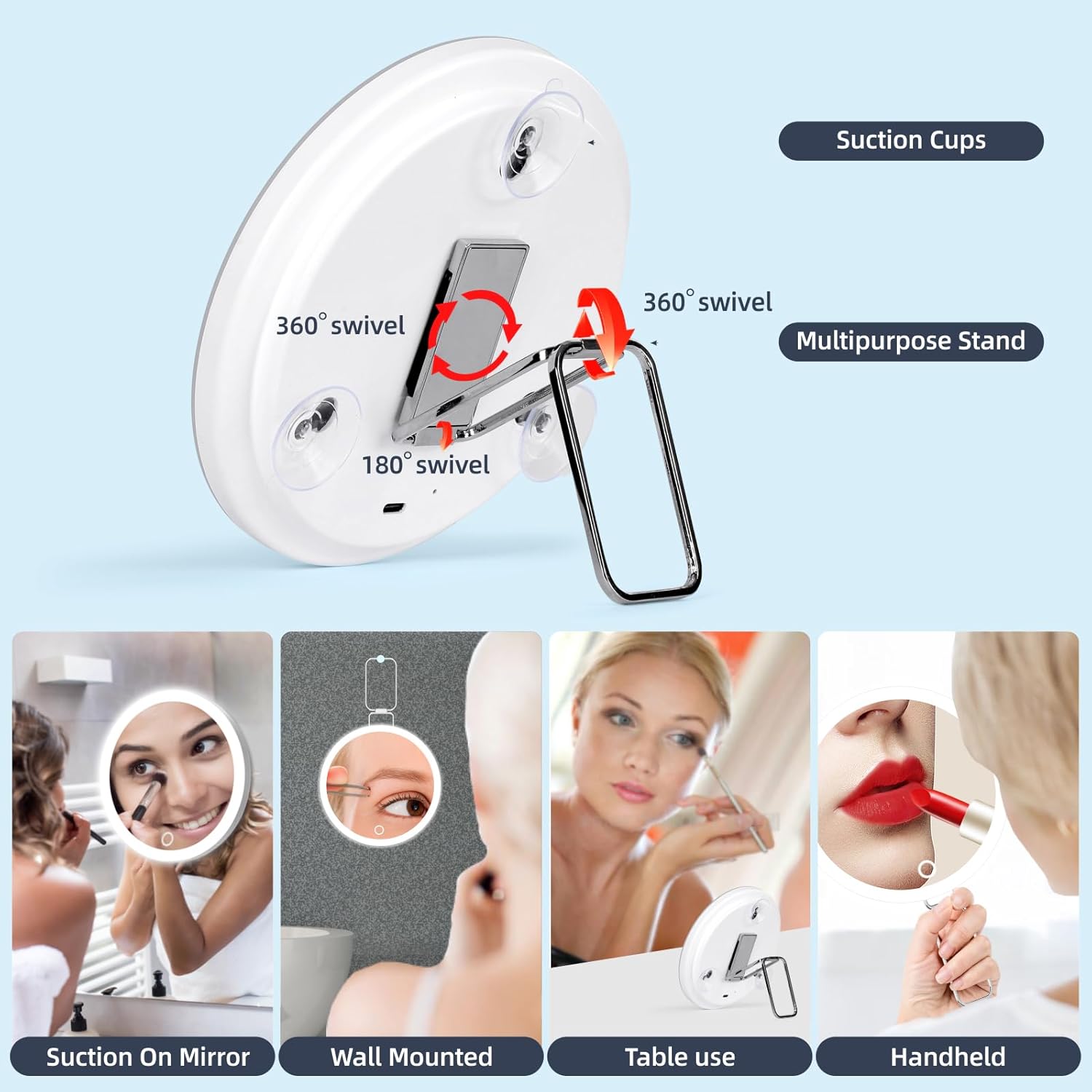 20X Magnifying Mirror with Light, Rechargeable 3 Colors Dimming Lighted Magnifying Mirror with 3 Suction Cups and 360° Stand, 6" Large Travel Tabletop Magnified Makeup Mirror with Tweezers & Scissors
