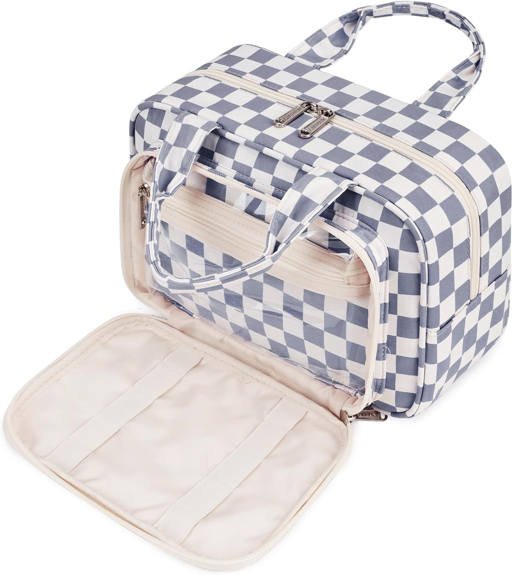 Narwey Large Travel Toiletry Bag for Traveling Women, Cosmetic Makeup Bag Make Up Organizer, Checkered Travel Bag for Toiletries with Handle (Grayish Blue Checkerboard)