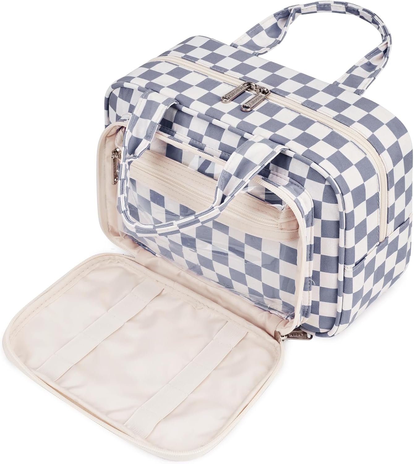 Narwey Large Travel Toiletry Bag for Traveling Women, Cosmetic Makeup Bag Make Up Organizer, Checkered Travel Bag for Toiletries with Handle (Grayish Blue Checkerboard)