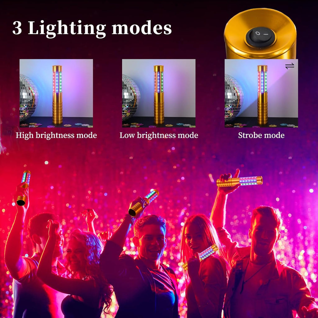 2 Pieces RGB LED Strobe Baton Light Rechargeable Bottle Service Sparklers Stick Reusable Champagne Bottle Handheld LED for Club Stage Nightclub Party Concert Event Bar Outdoor - Gold