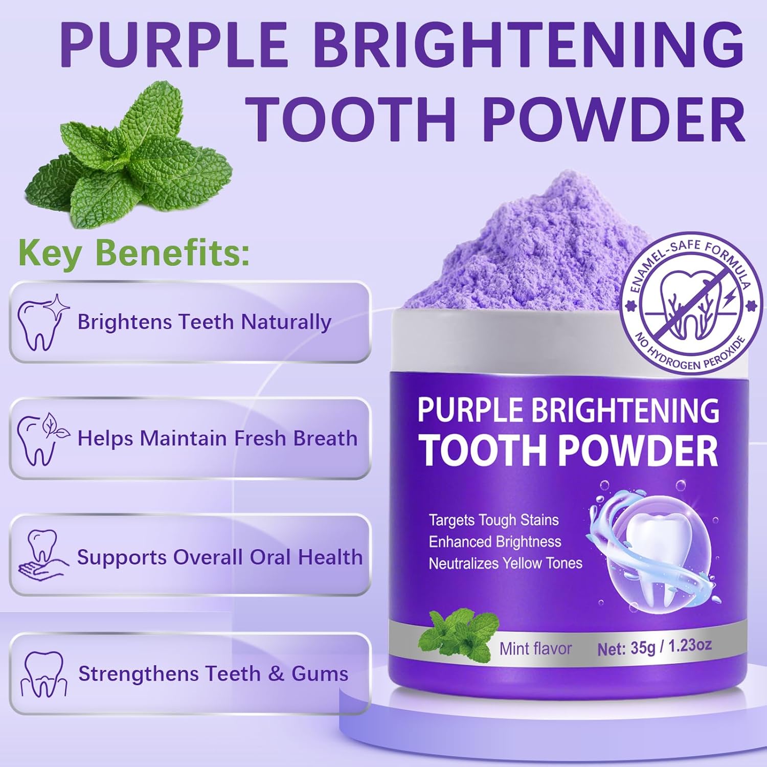 Teeth Whitening Powder, 35g Purple Teeth Whitening Powder, Effectively Lifts Stains, Strengthening Teeth and Gums, Fresh Mint Flavor, Breath Freshener