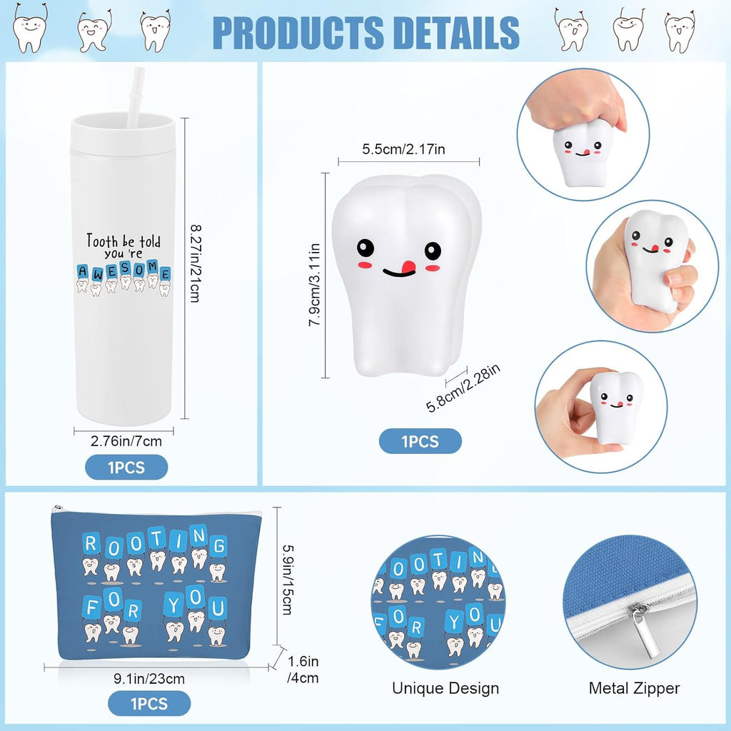Skylety 3 Pcs Dental Hygiene Month Gifts Dental Assistant Hygienist Appreciation Gift 16oz Tumbler with Lid Cute Teeth Makeup Bag Stress Toy Employee Thank You Dentist Coworker Nurse Student(White)