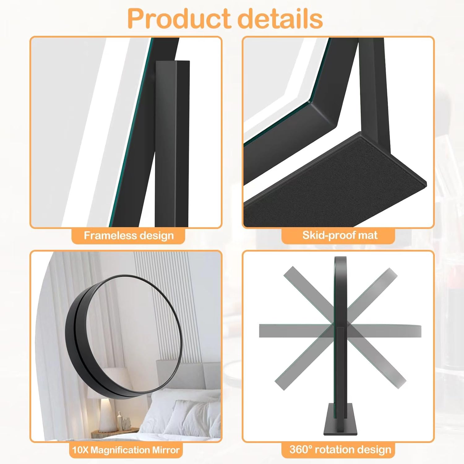 Makeup Vanity Mirror with Lights 15.2" Large LED Lighted Mirror, Hollywood Make Up Mirror with Lighting for Bedroom Tabletop, Smart Touch, Detachable 10X Magnification 360° Rotation, (Black)