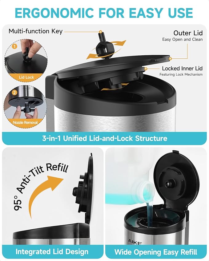 AIKE Wall Mount Automatic Foam Soap Dispenser 25 OZ Commercial Large Capacity Stainless Steel Model AK1205FA(Brushed)