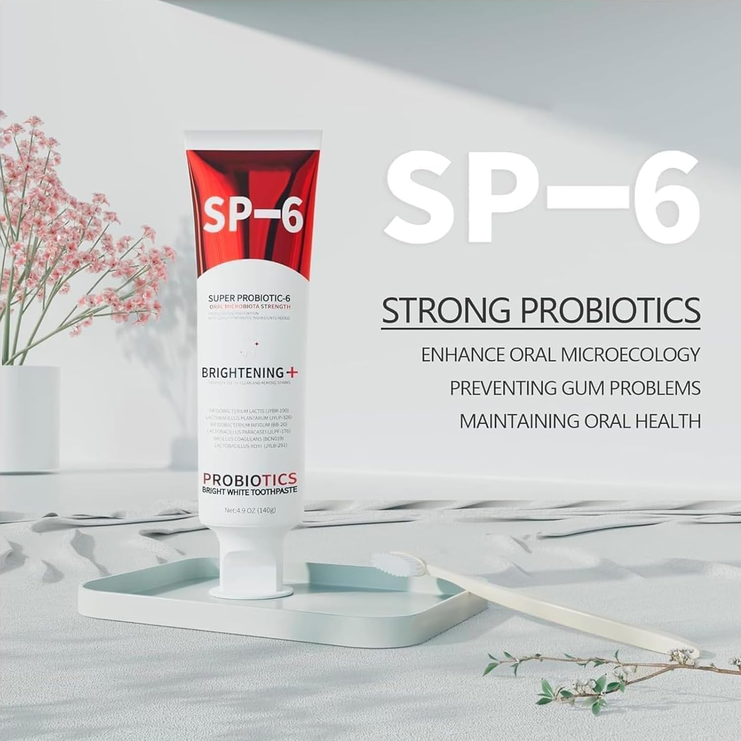 SP-6 Probiotic Whitening Toothpaste, Enhanced Formula with 6 Probiotics for Teeth Whitening and Gum Health, Enamel-Safe, Fluoride-Free, Fresh Mint Flavor, 4.6oz (4)