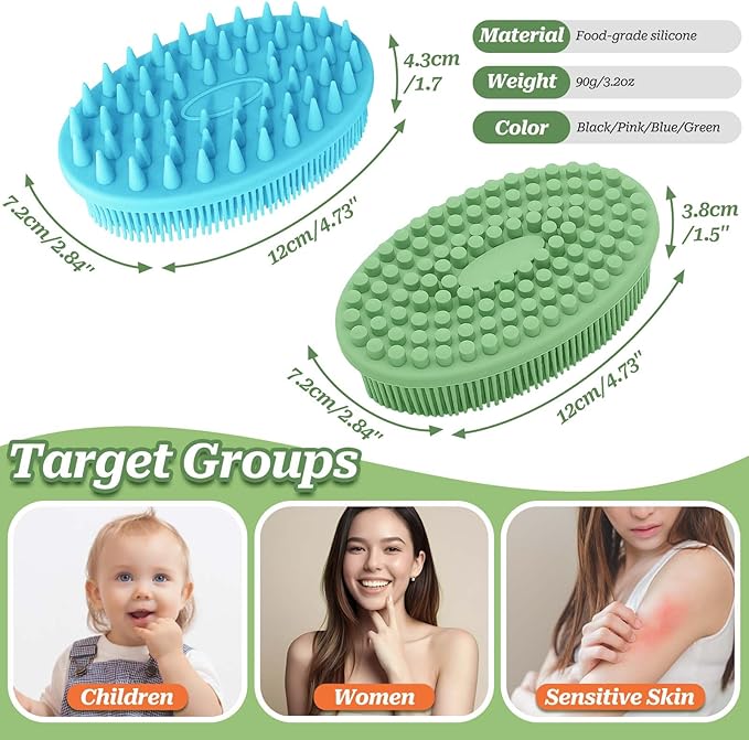 Soft Silicone Body Scrubber 2PCS, Dual-Side Silicone Loofah for Shower, Gentle Loofa Alternative, Replaceable Brush Head to be Used Alone or with Long Handle (Bluex2)