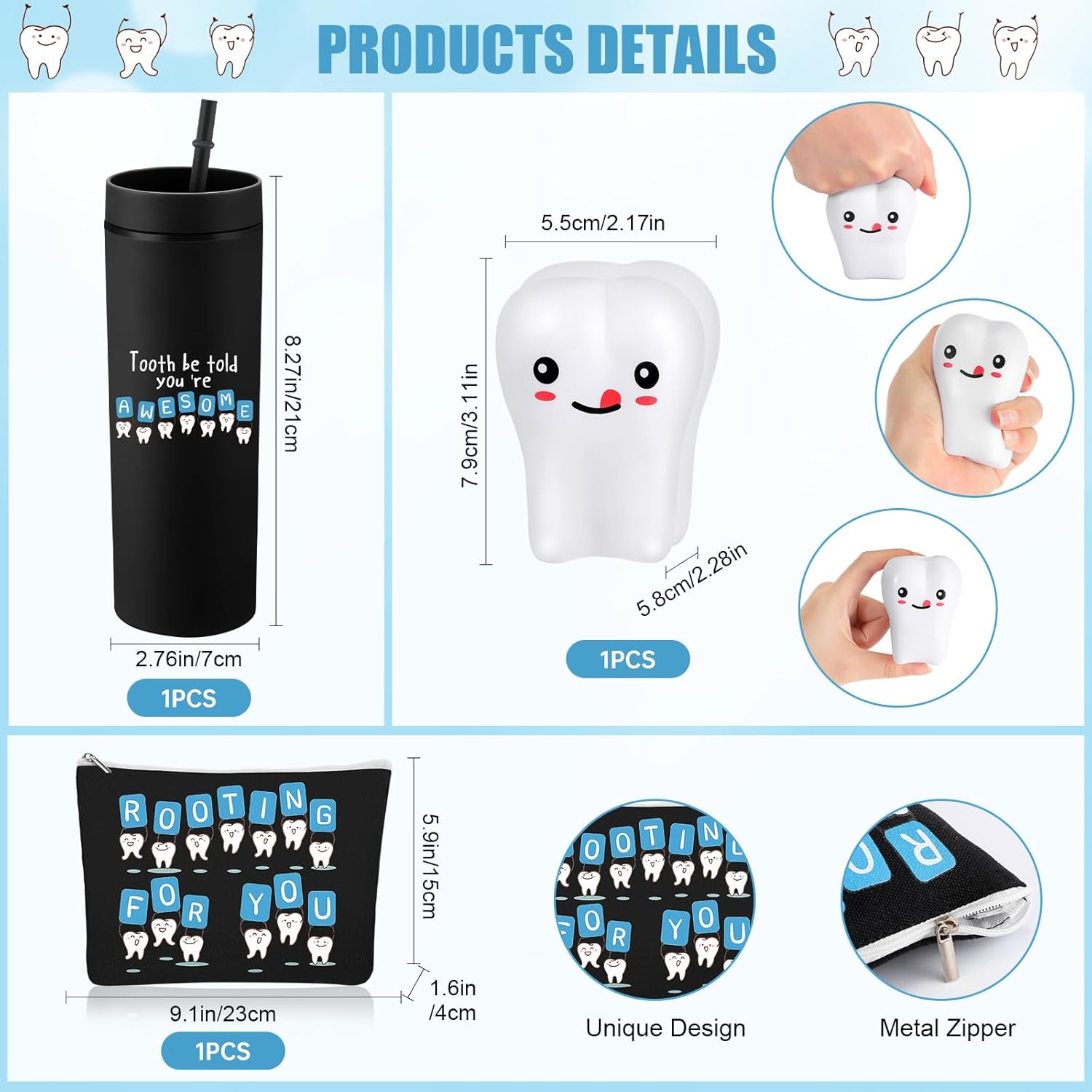 Skylety 3 Pcs Dental Hygiene Month Gifts Dental Assistant Hygienist Appreciation Gift 16oz Tumbler with Lid Cute Teeth Makeup Bag Stress Toy Employee Thank You Dentist Coworker Nurse Student(Black)