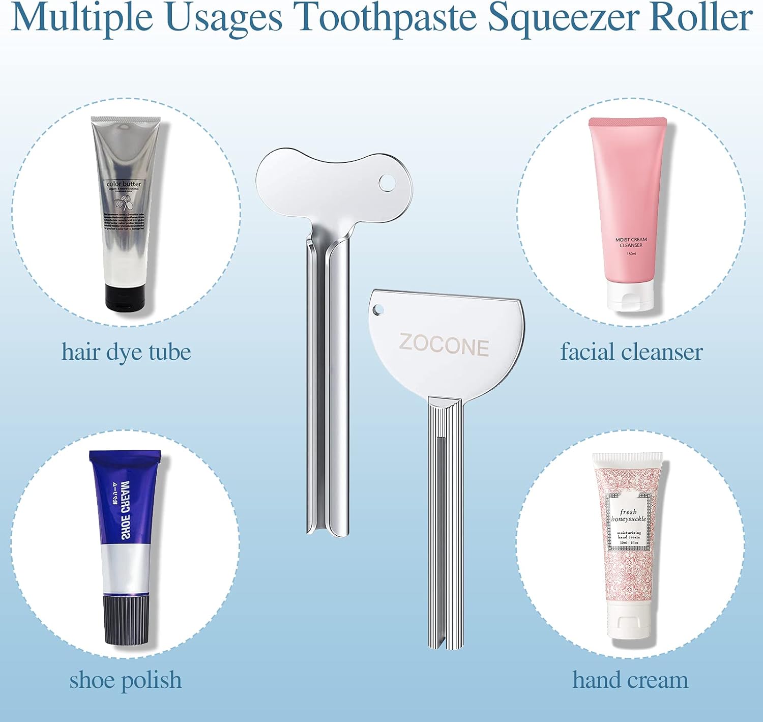ZOCONE Toothpaste Squeezer, 6pcs Metal Tube Squeezer Key Stainless Steel Toothpaste Roller Tube Wringer for Paint, Cream, Cosmetic and Hair Dye(E)