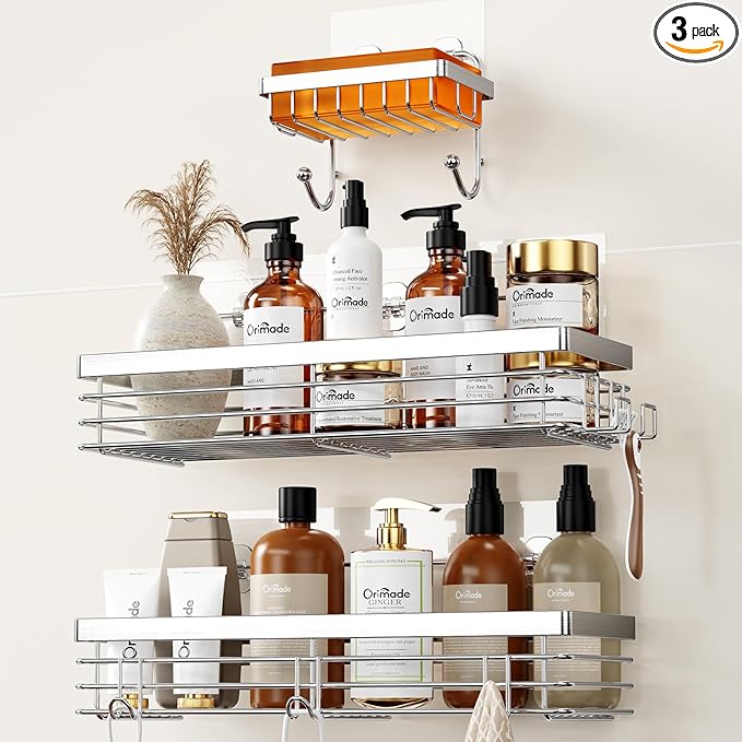 Orimade Adhesive Shower Caddy Soap Dish Holder Shelf with 5 Hooks Bathroom Organizer Basket Kitchen Storage Rack Wall Mounted No Drilling Stainless Steel - 3 Pack,Silver