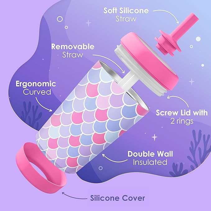 Kid Insulated Stainless Steel Tumbler with Silicone Straw, 12oz Sippy Cup for Kids (Mermaid Scale)