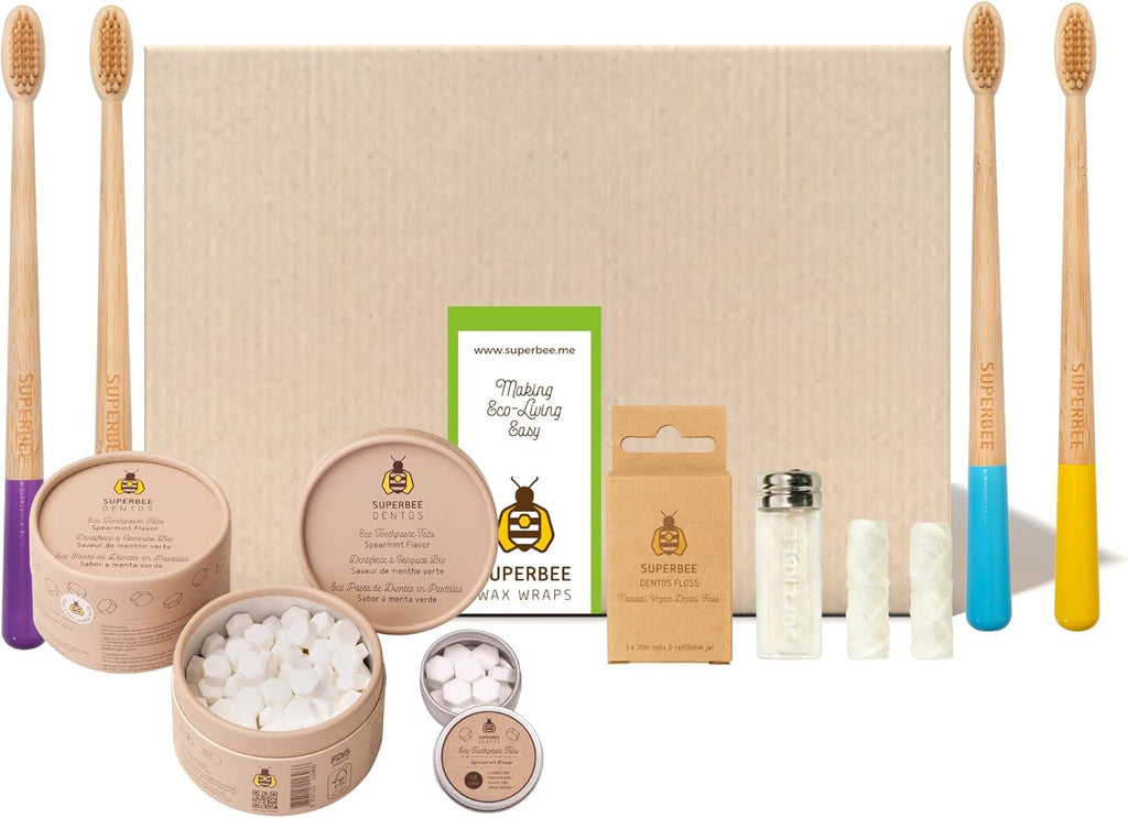 SuperBee Family kit with Dentos Toothpaste Tablets 300 tabs, Natural Floss, Soft Bristles Bamboo toothbrushes - Fluoride Free & Eco Friendly, Housewarming Gift Christmas Plastic Free