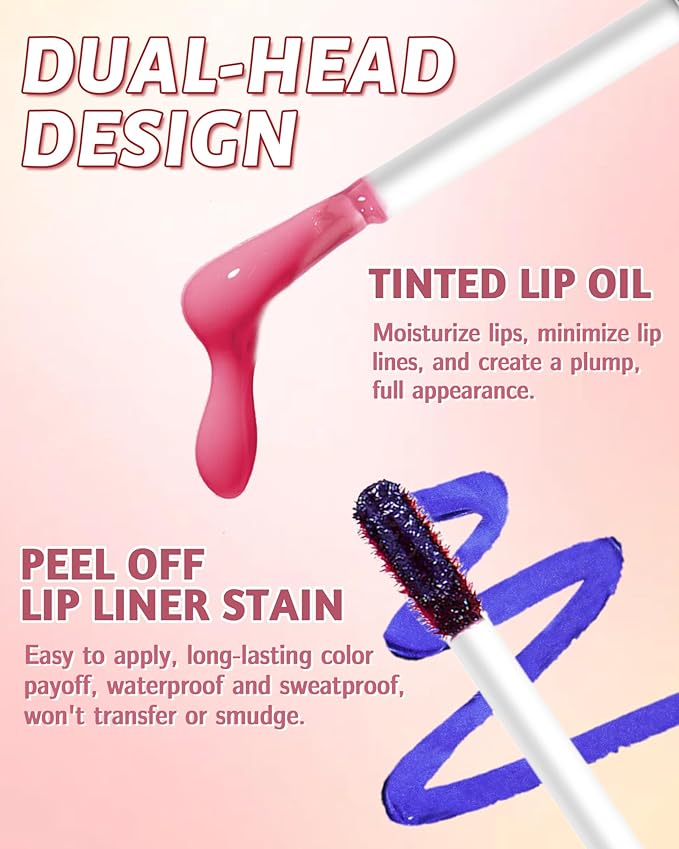 Dual Ended 2 in 1 Peel Off Lip Stain & Lips Gloss Kit, Waterproof Long Lasting Qiciy Tattoo Lip Gloss Color Peel Off Lips Liner, Tinted Liquid Lipstick, Matte & Glossy Womens Makeup-02 Warm Orange