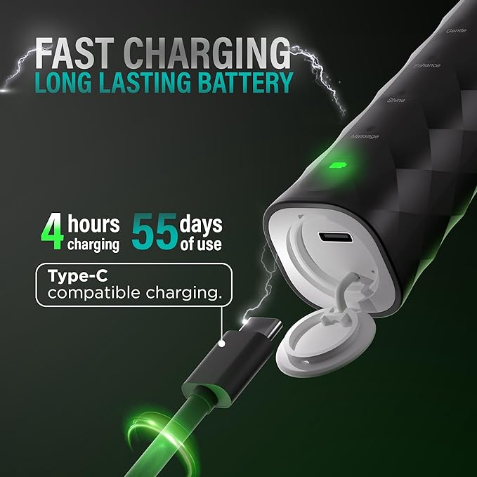 GuruNanda Pressure Sonic 2.0 Electric Toothbrush with Butter On Gums Bristles – Smart Pressure Sensor, 5 Modes, 2-Min Timer, 55-Day Rechargeable Battery, IPX7 Waterproof, Black