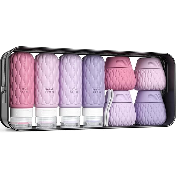 Silicone Travel Bottles for Toiletries 8 Pack Travel Size Toiletries 3.4 oz 1.7 oz, Leakproof Squeeze Travel Size Containers Refillable Cosmetic Jars Set for Shampoo, Conditioner, Creams
