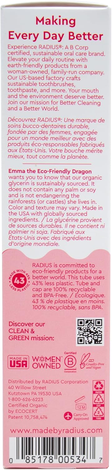 RADIUS USDA Organic Kids Toothpaste 3oz Non Toxic Chemical-Free Gluten-Free Designed to Improve Gum Health for Children's 6 Months and Up - Dragon Fruit - Pack of 3