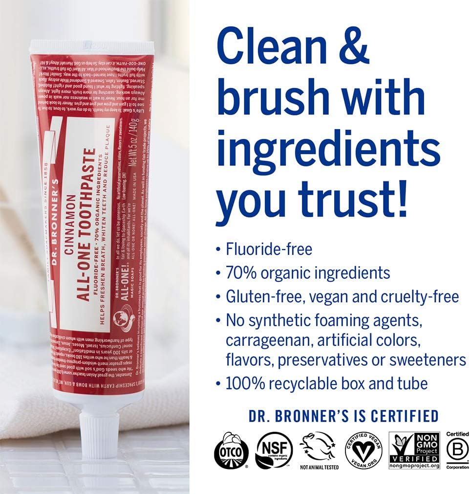 Dr. Bronner’s All-One Toothpaste 3-Pack Variety– (Peppermint, Cinnamon, Anise, 5oz Each)– 70% Organic Ingredients, SLS Free Toothpaste, Fluoride Free, Natural, Vegan, Gentle for Sensitive Teeth