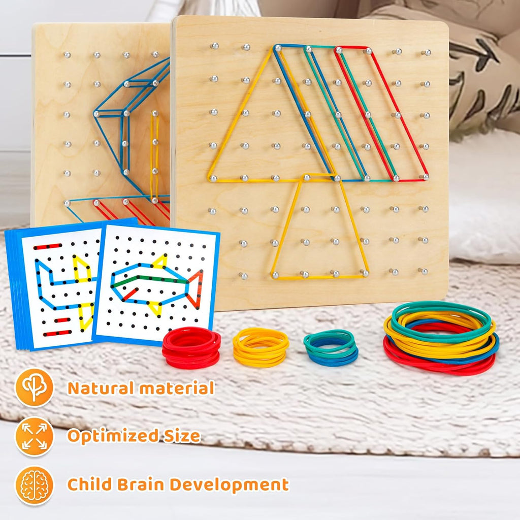 2Pack Wooden Geoboard,Montessori Toy,Graphical Mathematical Education Toy for Kids with Pattern Cards and Rubber Bands to Figures and Shapes, Brain Teaser STEM Toy Geo Board.