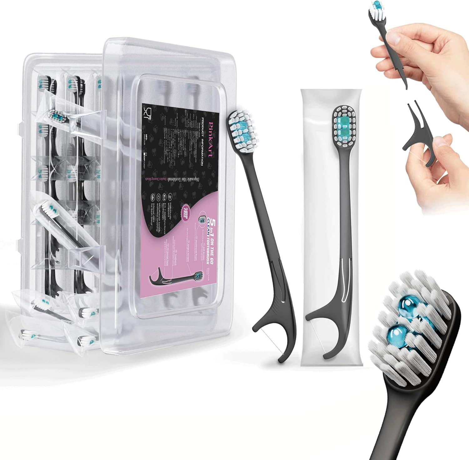 Pinkart 5 in 1 Disposable Toothbrushes with Toothpaste – Individually Wrapped Mini Travel Toothbrushes with Prepasted Toothpaste, Mouthwash Beads, Floss & Tongue Scraper | to-Go Oral Care (48 Count)