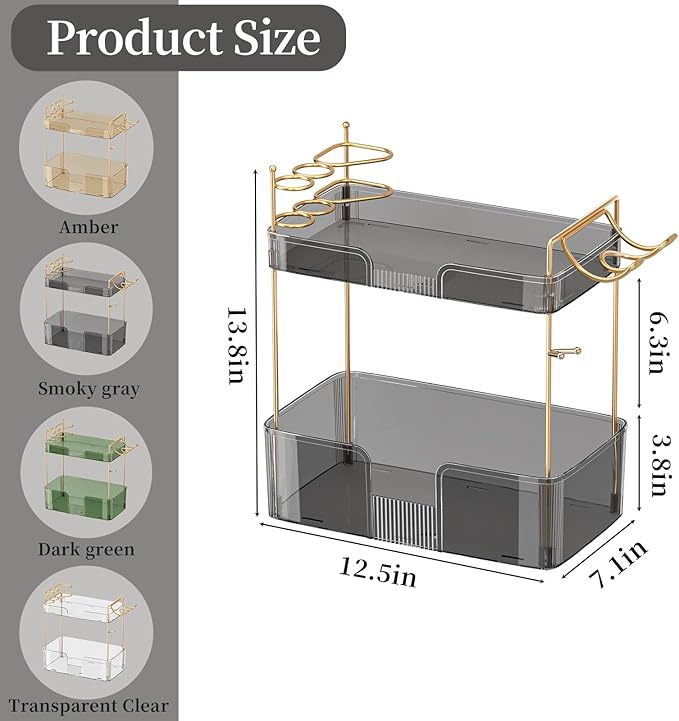 2 Tier Bathroom Counter Organizer with Hair Dryer Holder, Modern Style, Grey