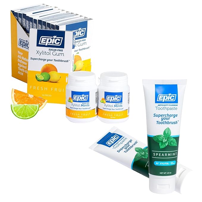 Epic Dental Sugar Free Oral Care Set – 144-Piece Fresh Fruit Gum, 360 Fresh Fruit Mints, 2 Tubes Spearmint Fluoride Toothpaste – Aspartame Free, Dentist Approved, Helps with Dry Mouth & Cavity Care
