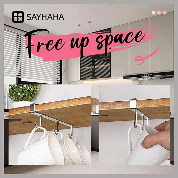 Mug Hooks Under Cabinet , 304 Stainless Steel Cup Hooks for Hanging Under Shelf, Mug Organizer Rack with 6 Hooks for Displaying Mugs, Coffee Cups and Kitchen Utensils,Fit for 0.8" or Less thickness