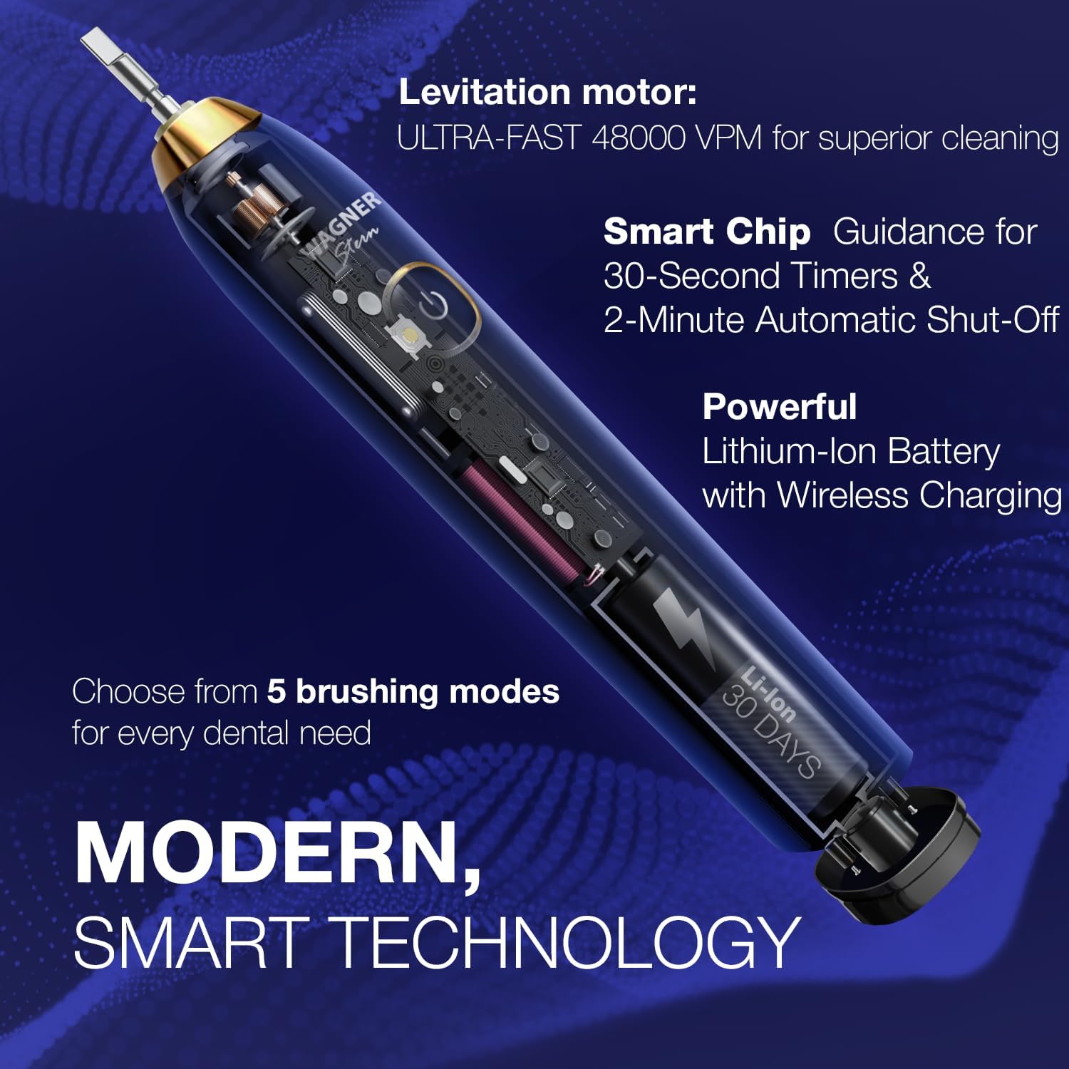 Wagner Stern The Sapphire Blue Edition ultrasonic whitening Electric Toothbrush Features Five Brushing Modes, Eight Soft Brush Heads, and a Premium Travel case.