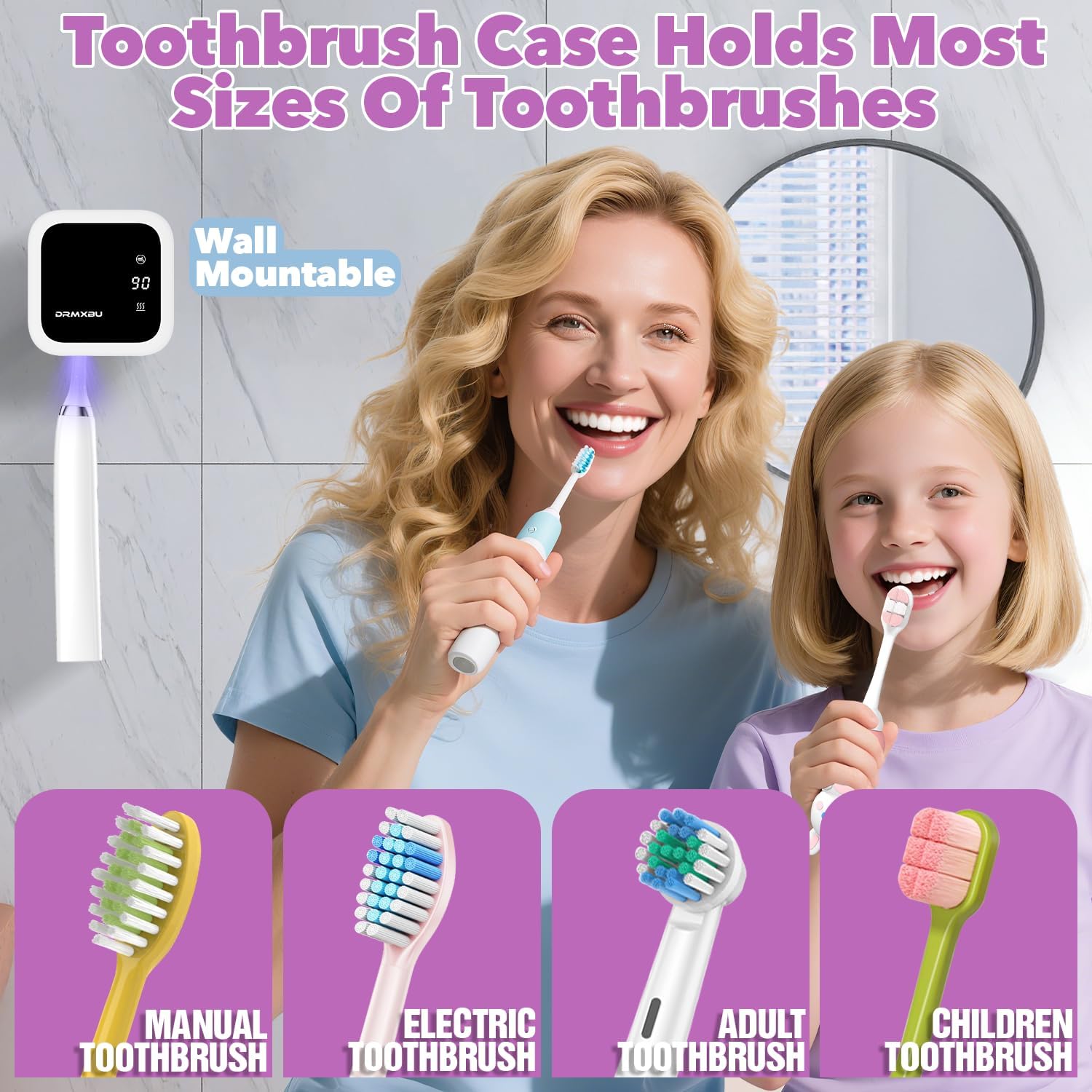 Toothbrush Sanitizer Case and Holders, DRMXBU Wall Mounted Toothbrush Holder with LED Screen, Rechargeable Travel Toothbrush Cleaner Case with Light Air Dry, Tooth Brush Covers for Bathrooms (White)