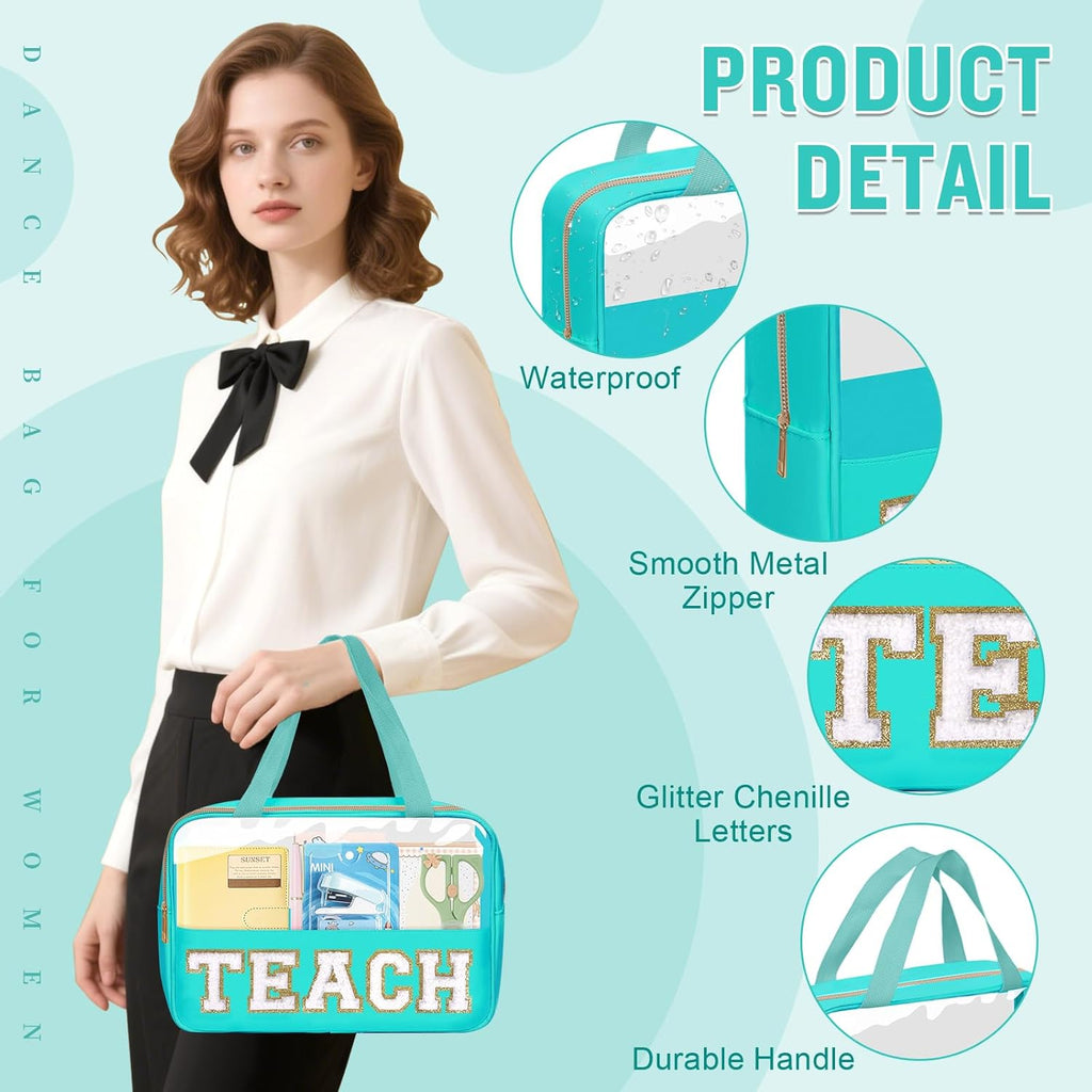 Teacher Appreciation Gifts Chenille Letter Clear Makeup Bag TEACH Pouch, Preppy Waterpoof Makeup Cosmetic Bag with Zipper Graduation Retirement Birthday Teacher Essentials Gifts for Women(TEACH-Green)
