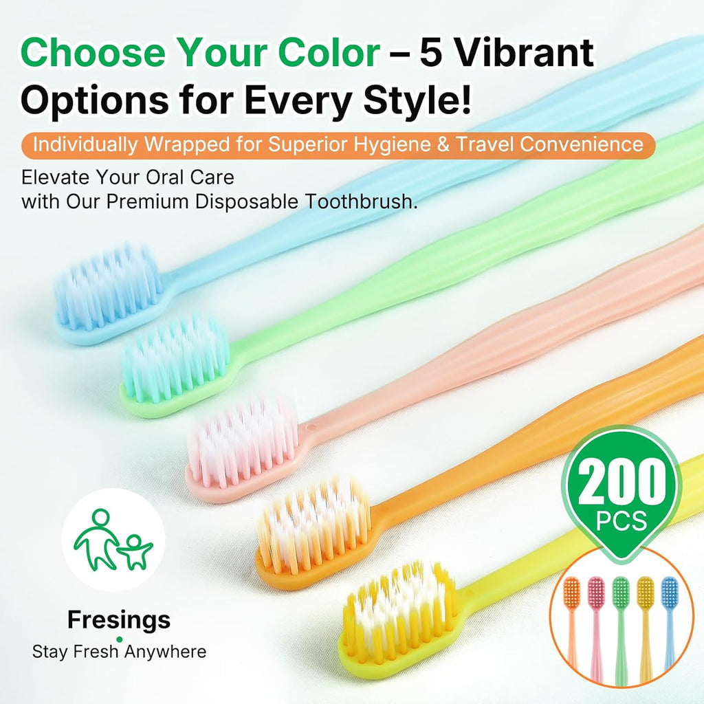 200 Pack Premium Disposable Toothbrushes Bulk – Individually Wrapped Soft Bristle Toothbrushes for Travel, Hotel Guest, Donation, Kids, Adults – Single Use, Family & Emergency Hygiene