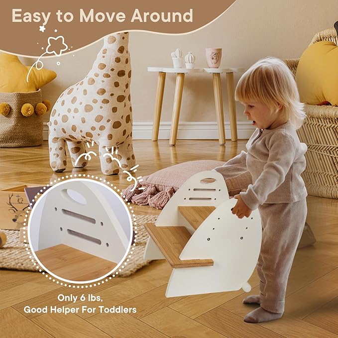 Wooden 2 Step Stool for Kids,Toddler Adjustable Triple Height Step Stool,Bamboo Bird-Shaped Design,300lbs Capacity,Ideal for Bathroom,Kitchen,Bedroom