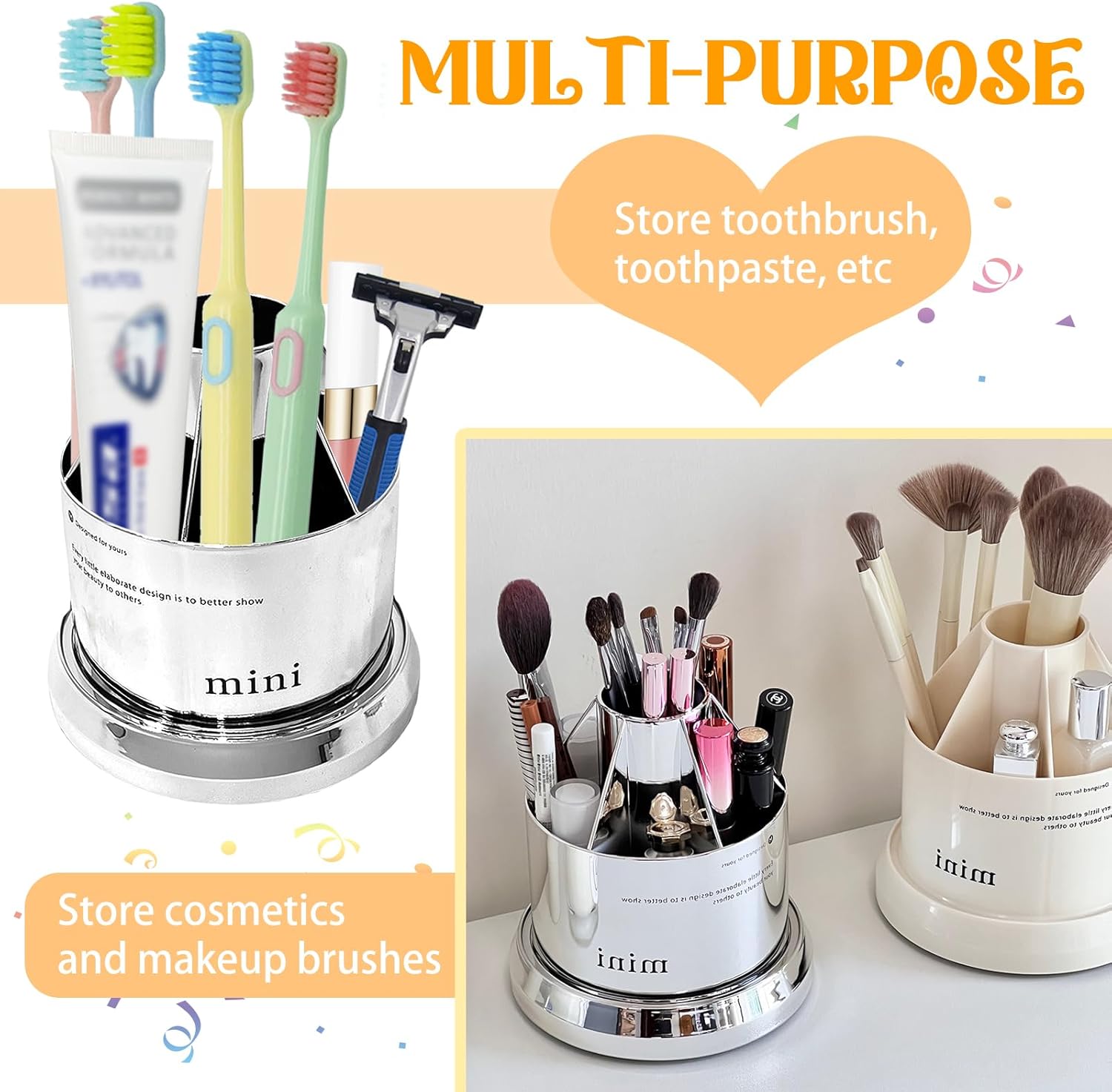 Multi Functional Rotating Toothbrush Holders with Sliding Base, 7 Slot Bathroom Countertop Organizer Perfect for Tooth Brush, Toothpaste, and Makeup Brushes Storage (Black)