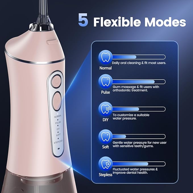 Water Flosser for Teeth Cleaning and Flossing, 5 Modes Rechargeable Cordless Oral Irrigator 320ml Water Tank Teeth Cleaner, IPX7 Waterproof Portable Electric Dentel Flossers for Home and Travel,Pink
