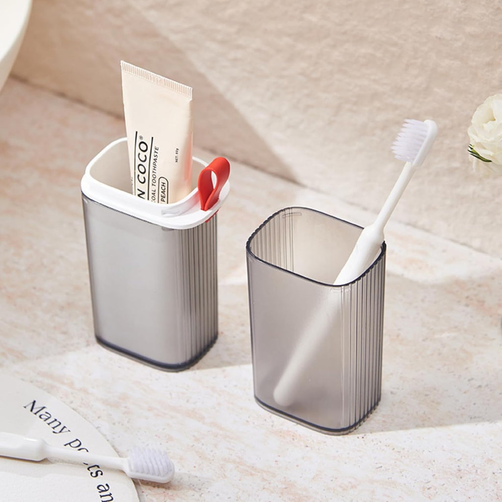 Toothbrush Travel Case, 2 in 1 Toothbrush Holder and Rinse Cup, Large Capacity Toothbrush Cup with Cover, Portable Travel Toothbrush Holder for Traveling, Camping, Trip - 1Pcs - Grey&White