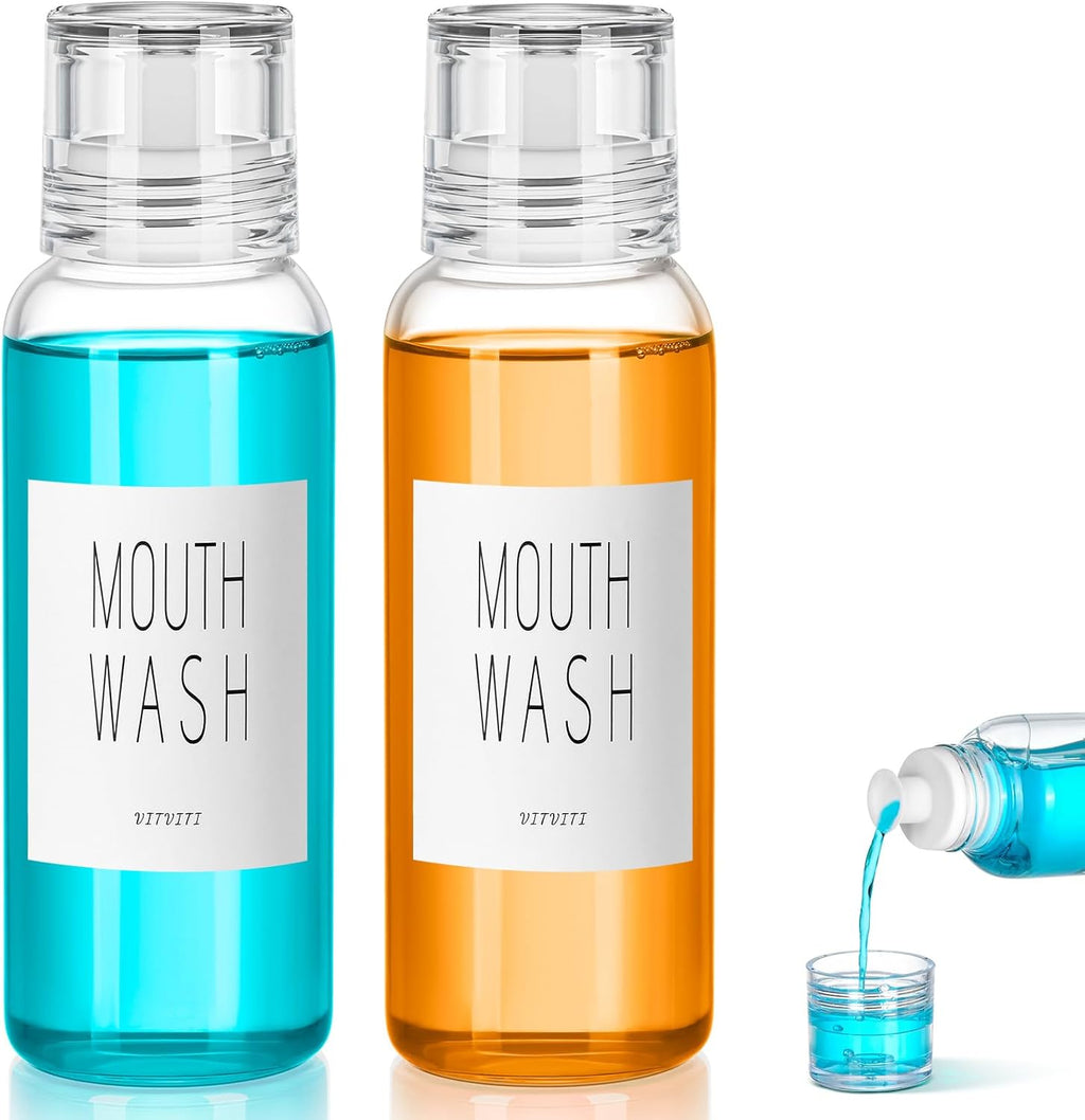VITVITI Glass Mouthwash Dispenser for Bathroom, 10 OZ Mouth Wash Container Bottle with Lid Cup, Countertop Small Clear Refillable Mouthwash Dispensers Decanter, Set of 2 (White)