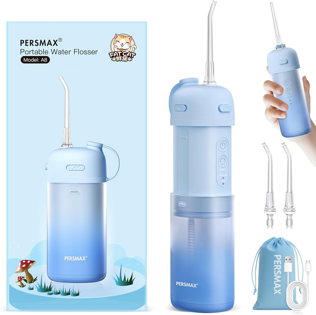 Portable Water Flosser for Teeth Cleaning - Cordless Dental Pick Electric Oral Irrigator for Travel, Kids, with 3 Modes 8 Pressure Settings, 2 Tips, 150ML, Mini Size, IPX7, Gradient Blue