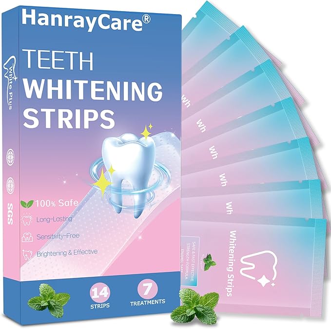 Professional Teeth Whitening Strips, 3X Faster Results, Enamel Safe Whitener Kit, No-Slip & Ultra-Thin, 14 Treatments for Coffee & Wine Stain Removal | Mint Flavor - HanrayCare
