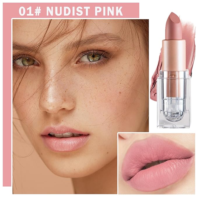 Matte Nude Lipstick Velvet Lip Gloss Non-Fading Non-Sticky Cup Nude Lipstick Matte Lip Stain Long Lasting Waterproof Lipstick for Women Girls Daily Lip Makeup-601 Nude Pink