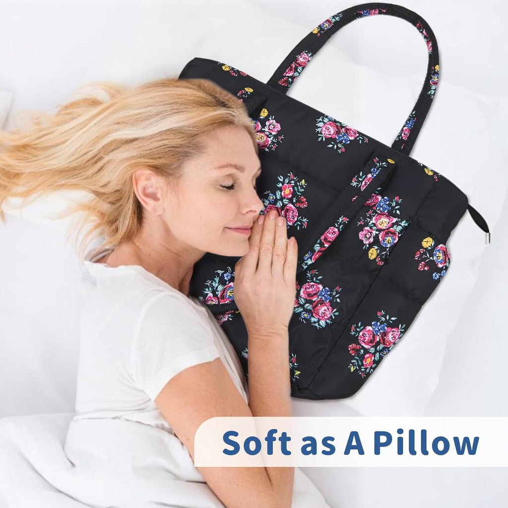 TOPDesign Puffer Tote Bag for Women, Lightweight Puffy Handbag with Compartments, Quilted Shoulder Bag for Work, Travel, Gym