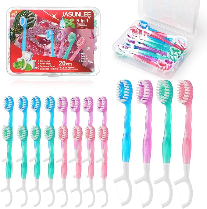JASUNLEE 20Pack Mini Disposable Toothbrushes with Toothpaste Tongue Scraper Floss Pick 5-in-1 Portable Pre-Pasted Travel Toothbrush On The Go Toothbrush for Kids Adult