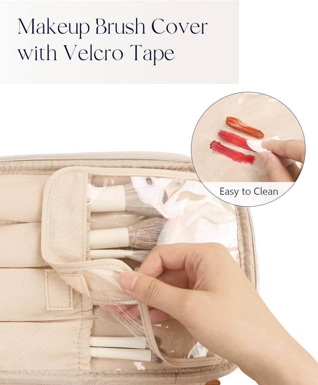 Prite Makeup Bag Portable Cosmetic Organizer with Brush Holder Waterproof Travel Toiletry Bag for Women with Handle and Divider (Beige)