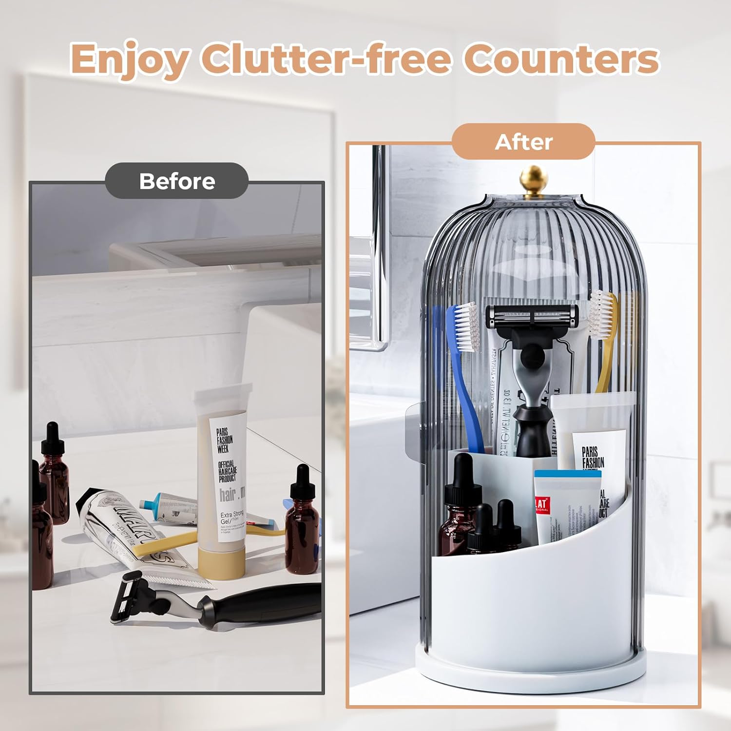 Toothbrush Holders with Sliding Lid for Bathroom Counter Organizer, Tooth Brush Toothpaste Holder for Bathroom Vanity Makeup Brushes Holder -Grey