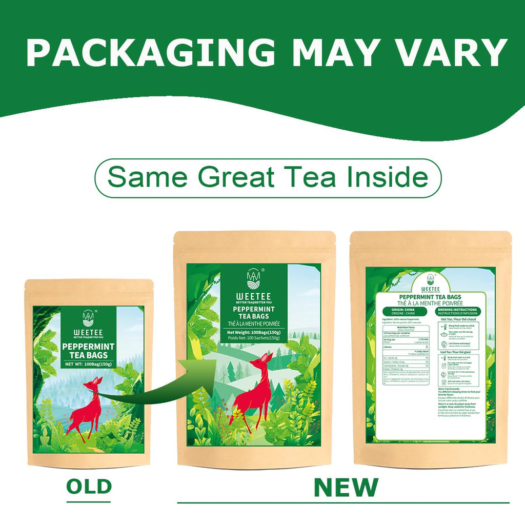 WT WEETEE Peppermint Tea Bags, Made with 100% Pure Peppermint, Fresh Minty Flavour Herbal Tea, Naturally Caffeine Free, 100 Count