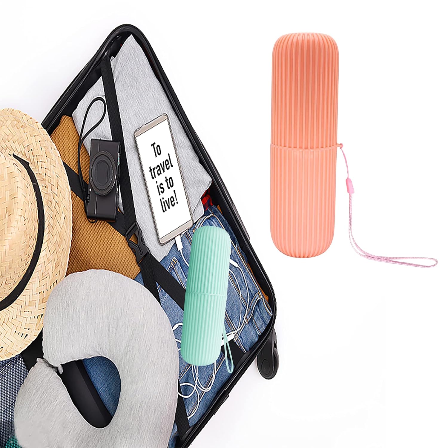 Sunenlyst 2Pcs Travel Toothbrush Holder, Portable Toothbrush Case for Traveling, Camping, Business Trip and School, Multifuction Toothbrushes Toothpaste Set with Two Colors (Green and Orange)