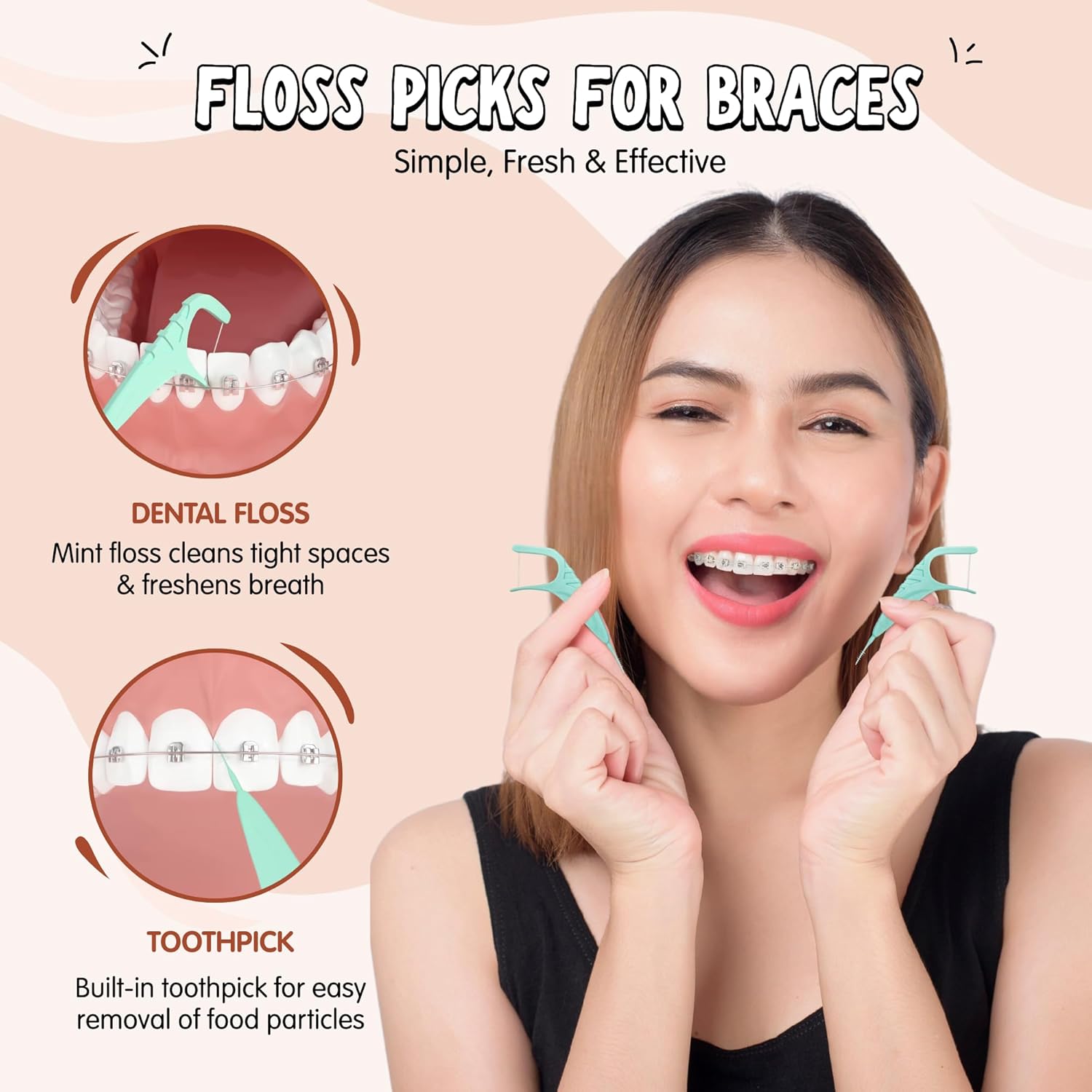 Braces Essentials Bundle Cleaning Kit for Teeth, Portable Orthodontic Toothbrush Kit Oral Care Dental Travel Kit - Sonic Toothbrush Floss Picks Wax Dots- 3pc Bundle-for Kids & Teens & Young Adults